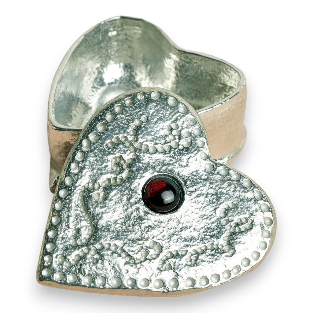 Pewter Trinket Box - Heart with Garnet Stone