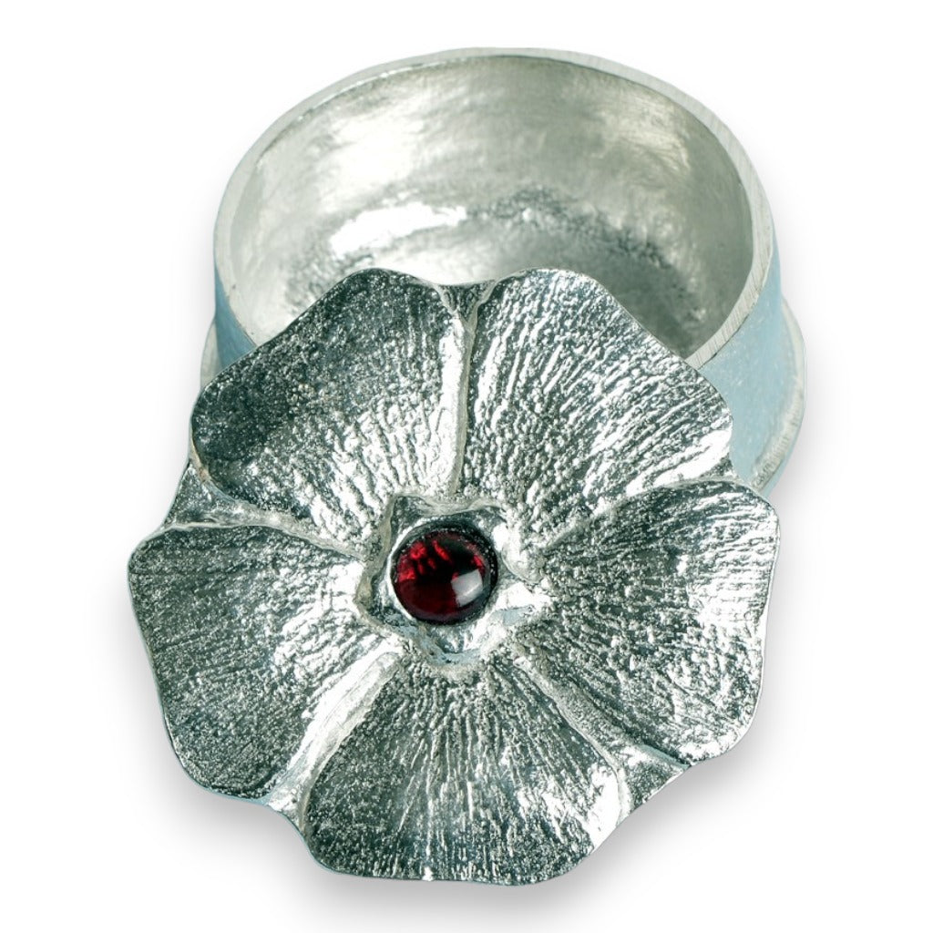Flower with Garnet Stone  - Pewter Trinket Box