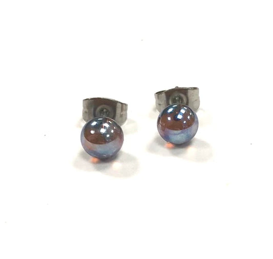 Mini - Silver Pink Glass Stud Earrings