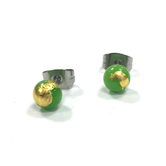 Mini - Apple Green and Gold Glass Stud Earrings