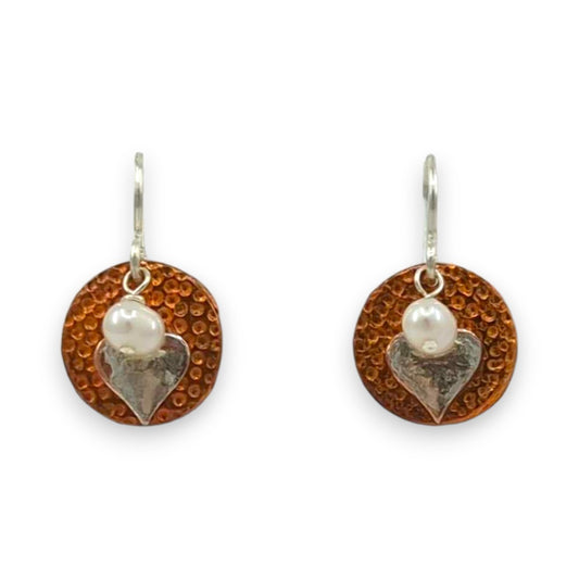 Copper Coin with Heart and Pearl - Drop Earrings