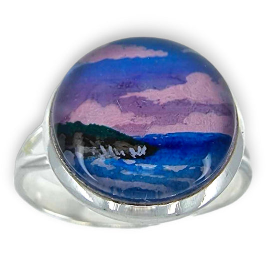 Filey Bay Hand Painted Adjustable Ring - Ink under Resin