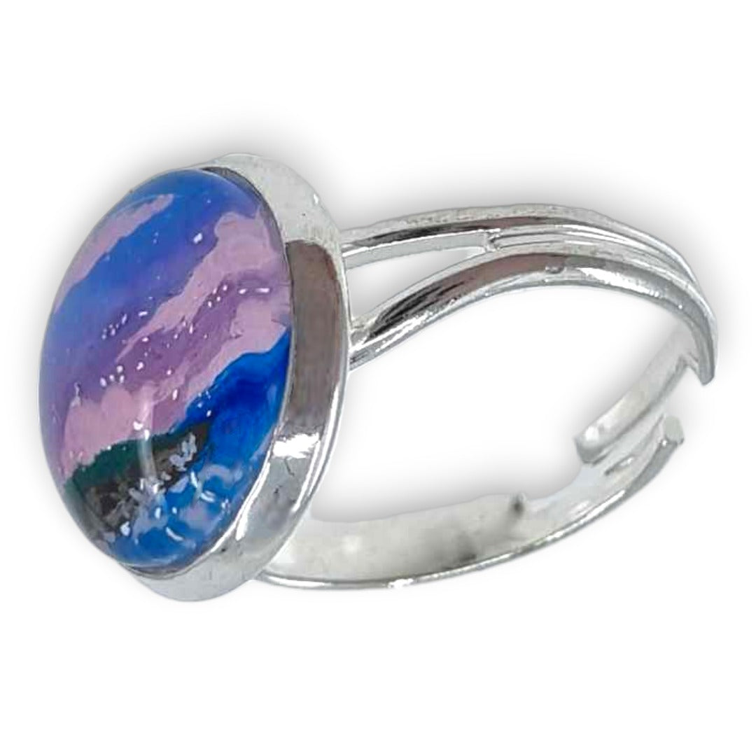 Filey Bay Hand Painted Adjustable Ring - Ink under Resin