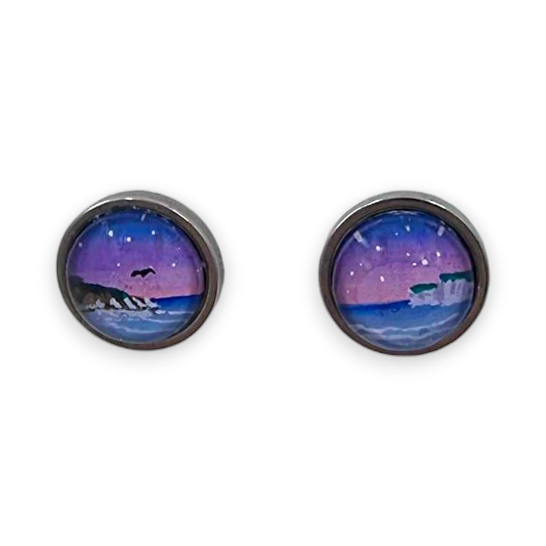 Filey Bay Hand Painted Earrings - Ink under Resin