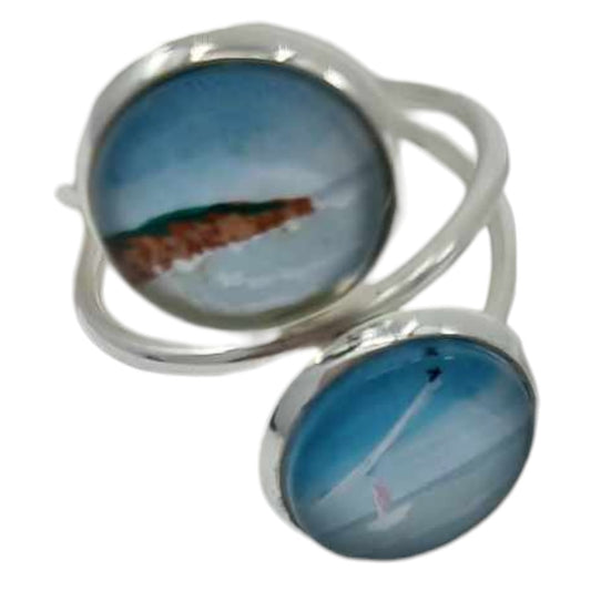 Filey Bay Hand Painted Adjustable Double Ring - Ink under Resin