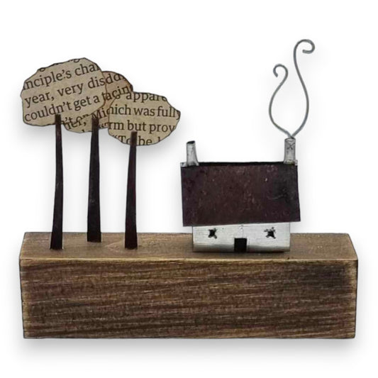 Cottage with Trees - Wood/metal sculpture