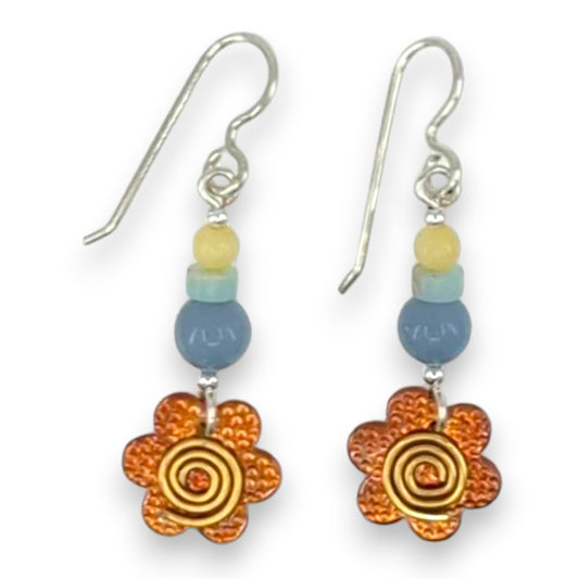 Copper Flower with Stones - Drop Earrings