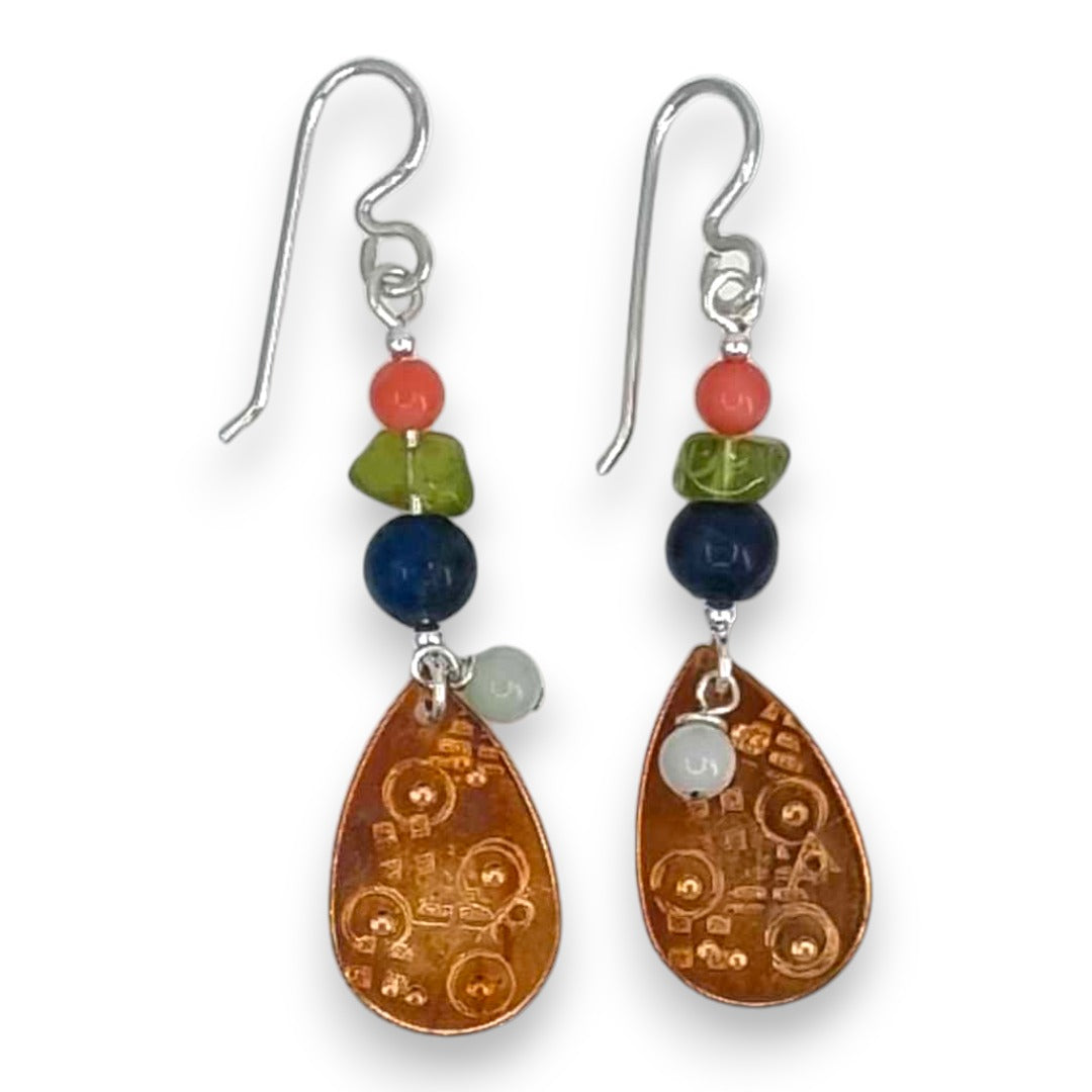 Copper Textured Drop with Stones - Drop Earrings