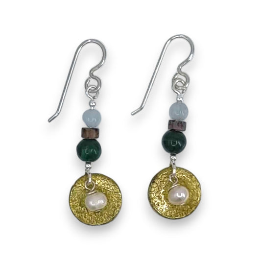 Brass Coin with Stones and Pearl - Drop Earrings