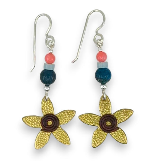 Brass Flower with Stones - Drop Earrings