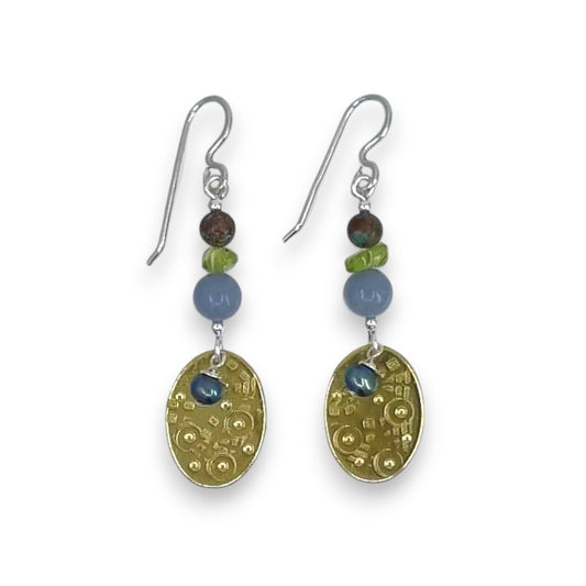 Brass Textured Shield with Stones - Drop Earrings