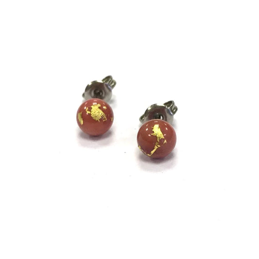 Mini - Coral and Gold Glass Stud Earrings