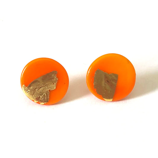 Midi Glass and Gold Stud Earrings - Orange