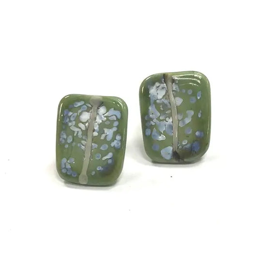 Glass Panel Stud Earrings - Snowy Olive