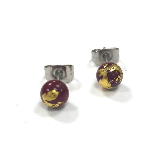 Mini - Burgundy and Gold Glass Stud Earrings
