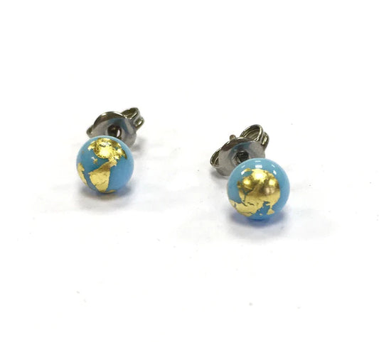 Mini - Sky Blue and Gold Glass Stud Earrings
