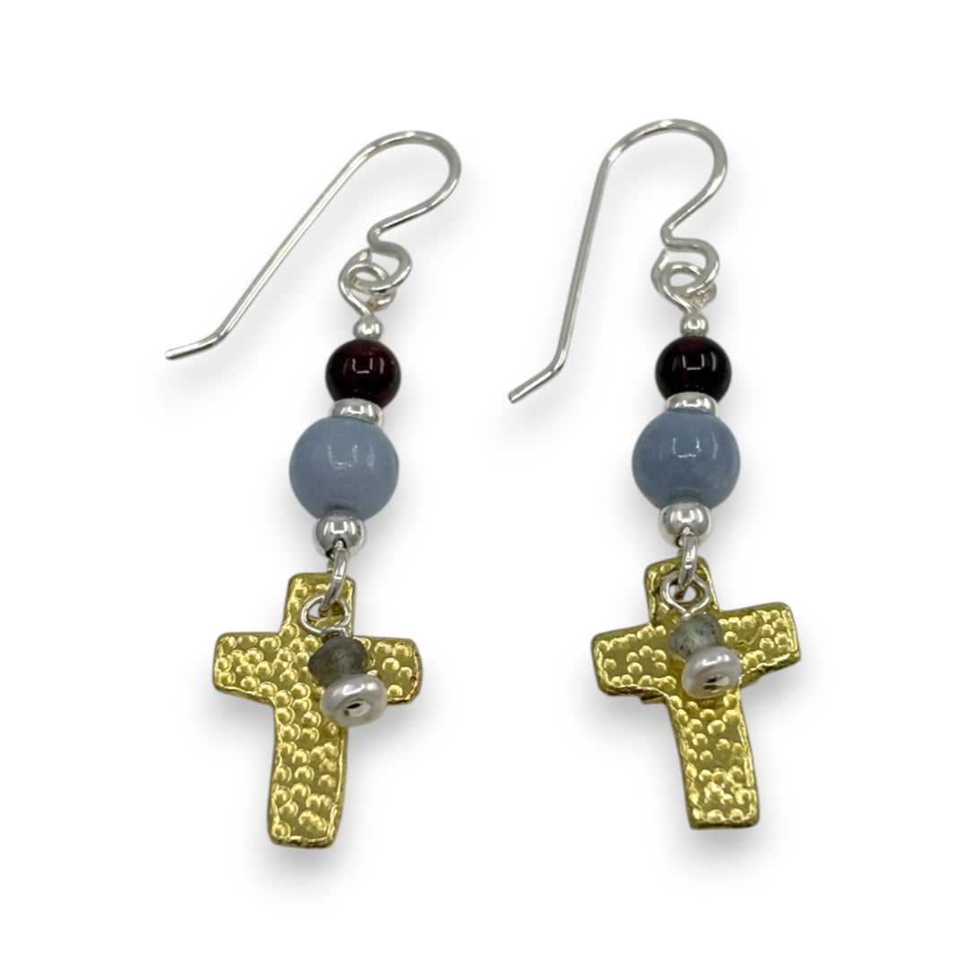 Brass Cross with Beads - Drop Earrings