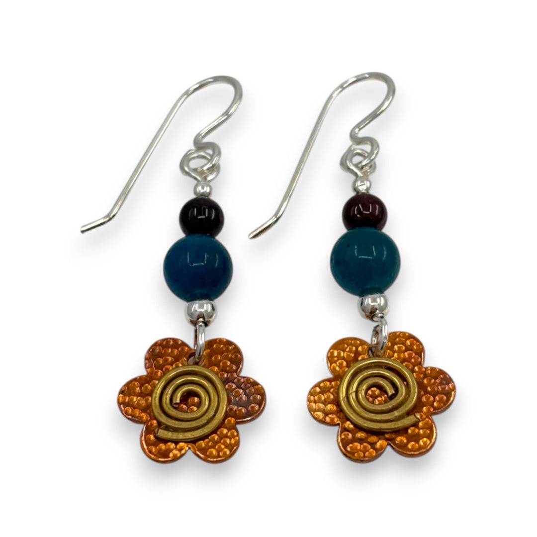 Copper Flower with Stones - Drop Earrings