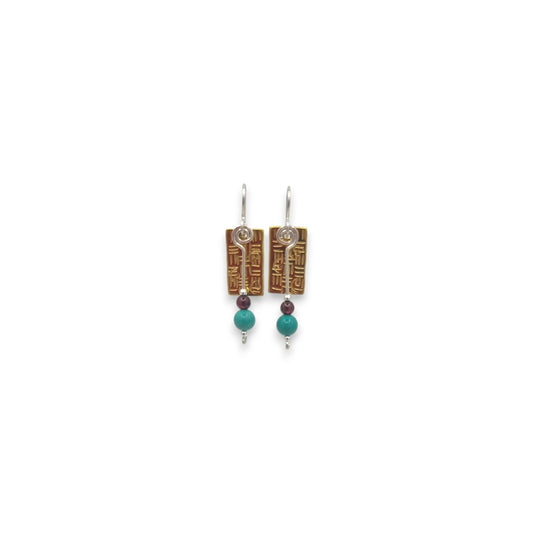 Brass Textured Rectangle with Semi - Precious Stones - Drop Earrings