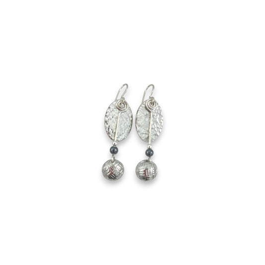 Pewter Textured Oval with Pewter Drop - Drop Earrings