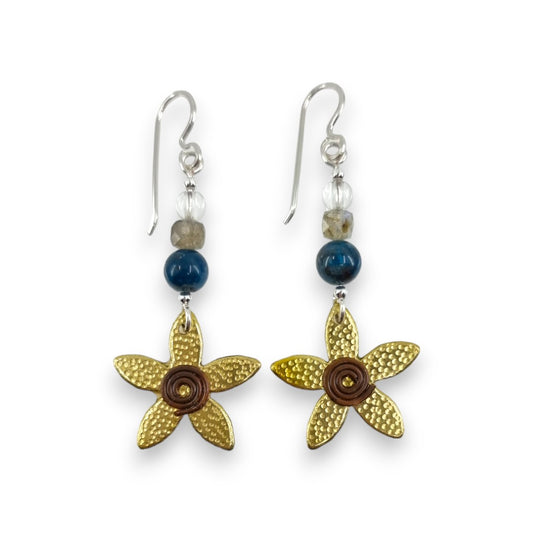 Brass Flower with Semi - Precious Stones - Drop Earrings