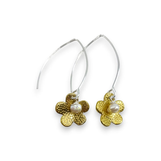 Brass Flower with Pearl - Drop Earrings