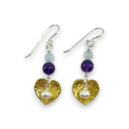 Brass Heart with Semi - Precious Stones - Drop Earrings