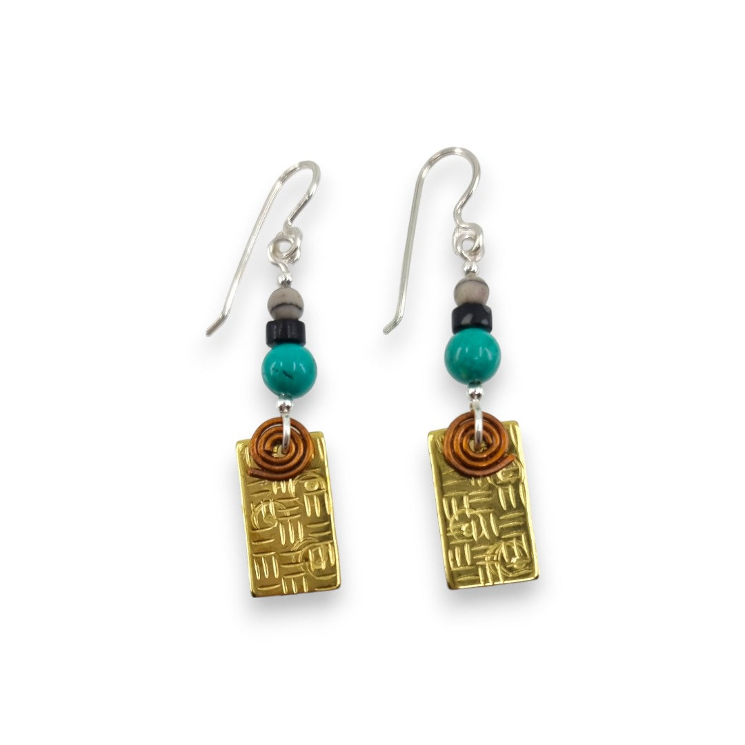 Brass Textured Rectangle with Semi - Precious Stones - Drop Earrings