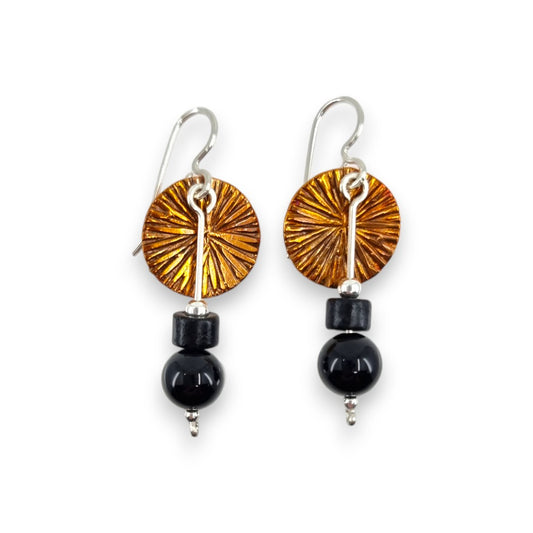 Copper Textured Coin with Semi - Precious Stones - Drop Earrings