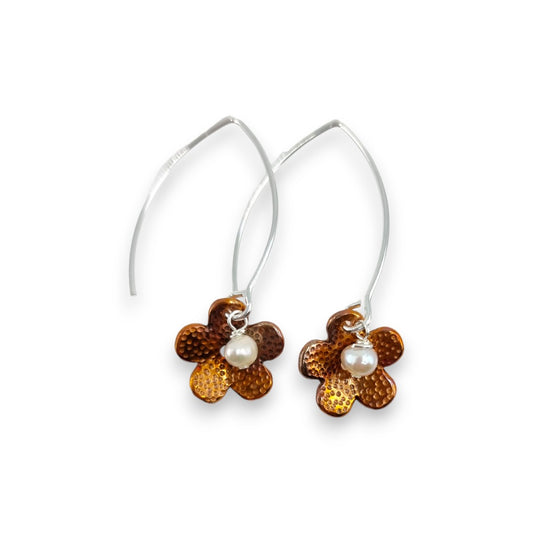 Copper Flower with Pearl - Drop Earrings