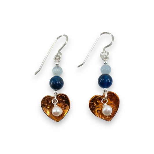 Copper Heart with Semi - Precious Beads - Drop Earrings