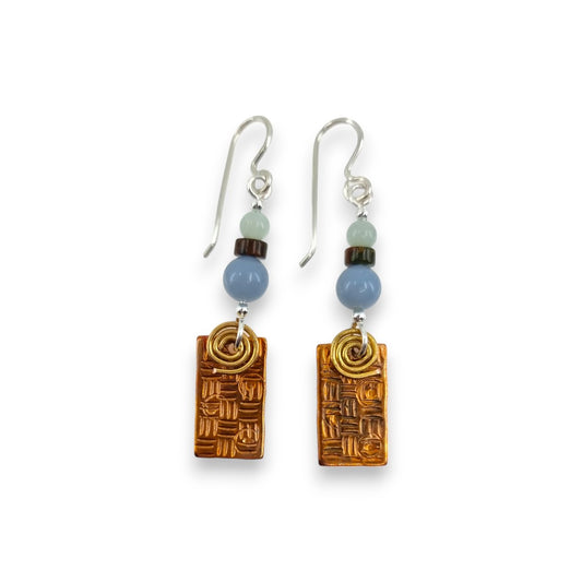 Copper Textured Rectangle with Semi-Precious Stones - Drop Earrings