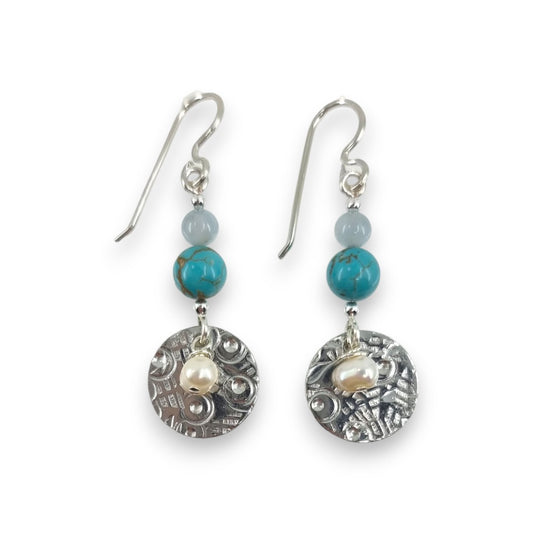 Pewter Coin with Semi - Precious Stones - Drop Earrings
