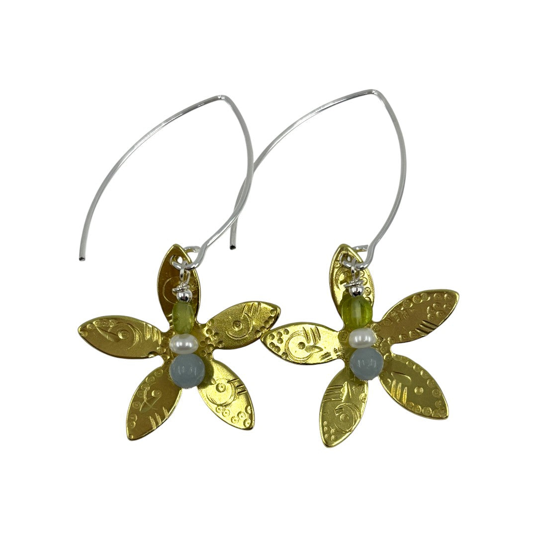 Brass Flower with Pearl - Drop Earrings