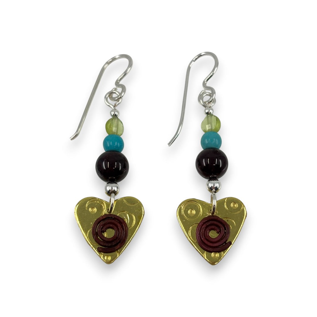 Brass Heart with Semi-Precious Stones & Pearl - Drop Earrings