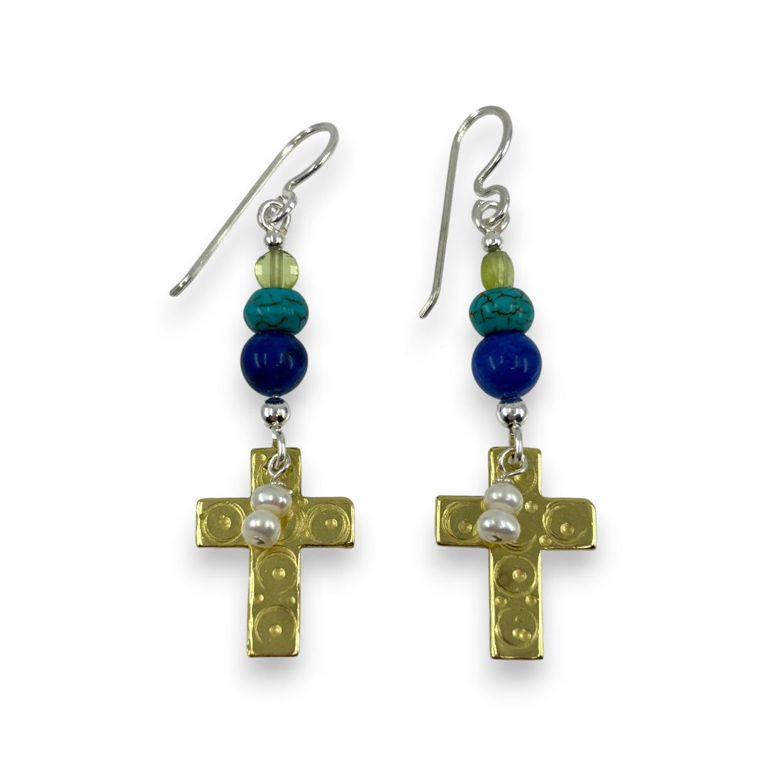 Brass Cross with Beads - Drop Earrings