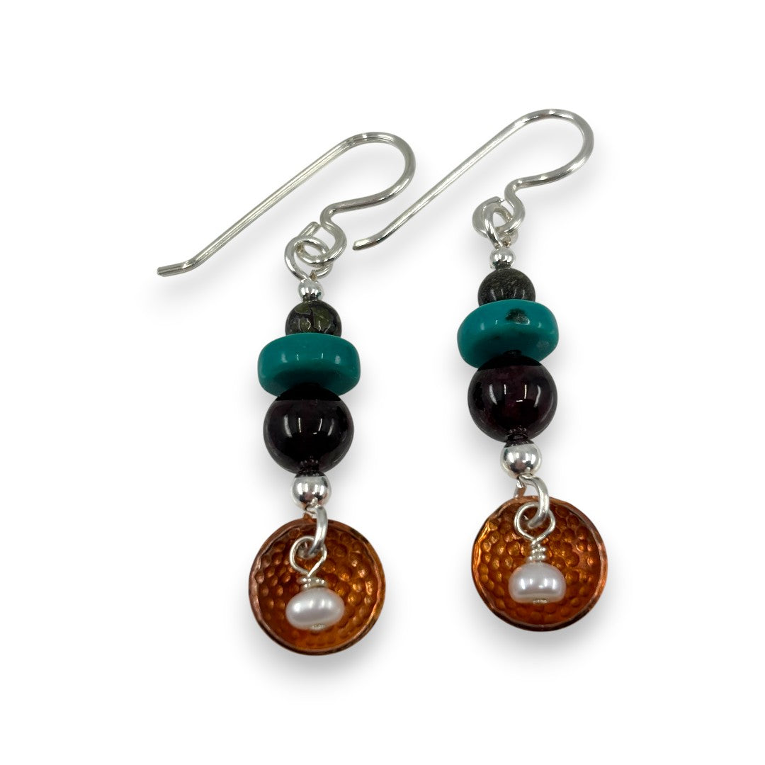 Copper Coin with Stones & Pearl - Drop Earrings