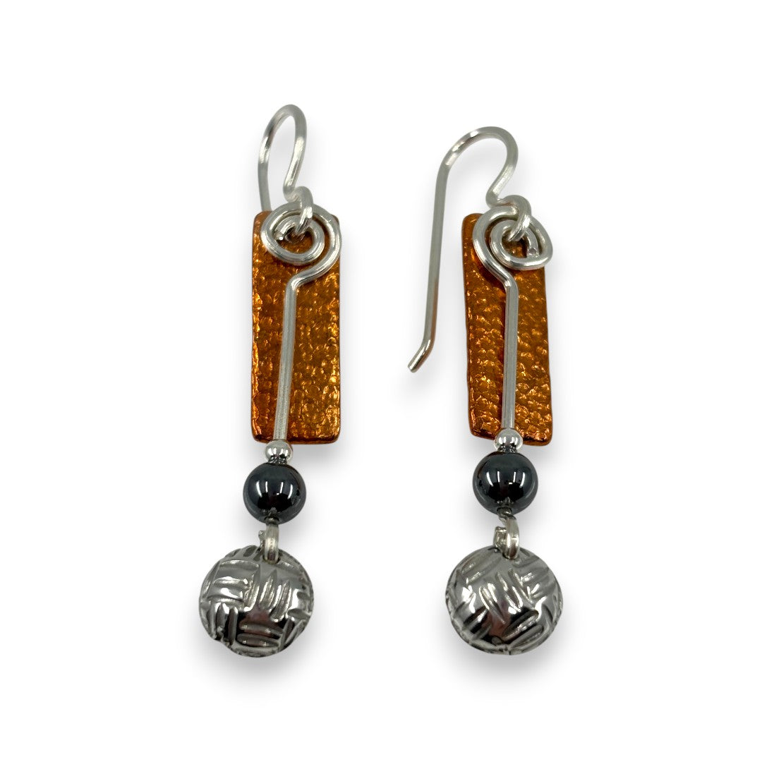 Copper Rectangle with Pewter Dome and Bead - Drop Earrings