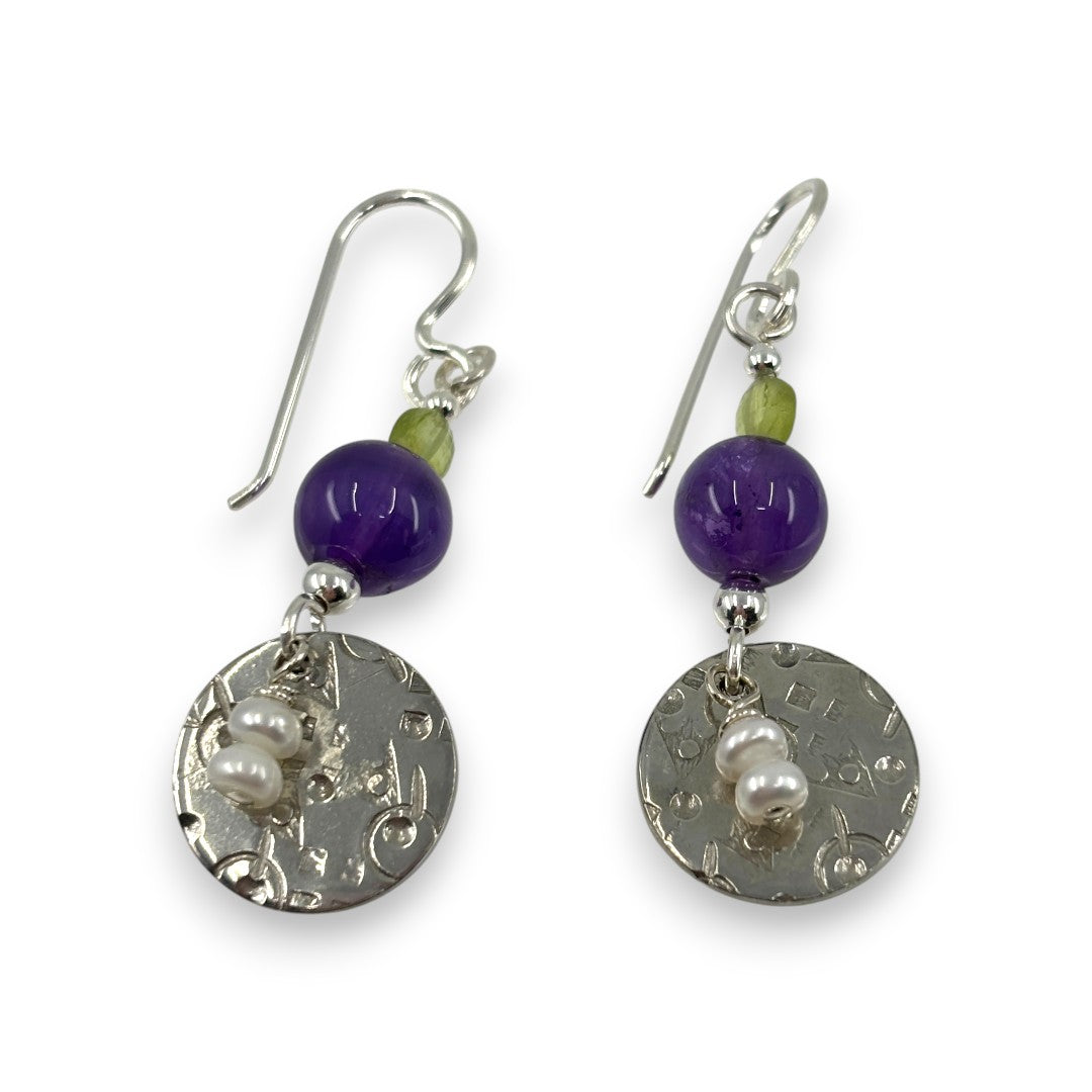 Pewter Coin with Semi - Precious Stones - Drop Earrings