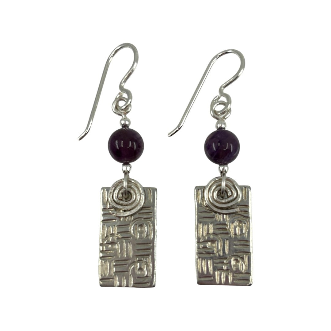 Pewter Textured Rectangle with Stones - Drop Earrings