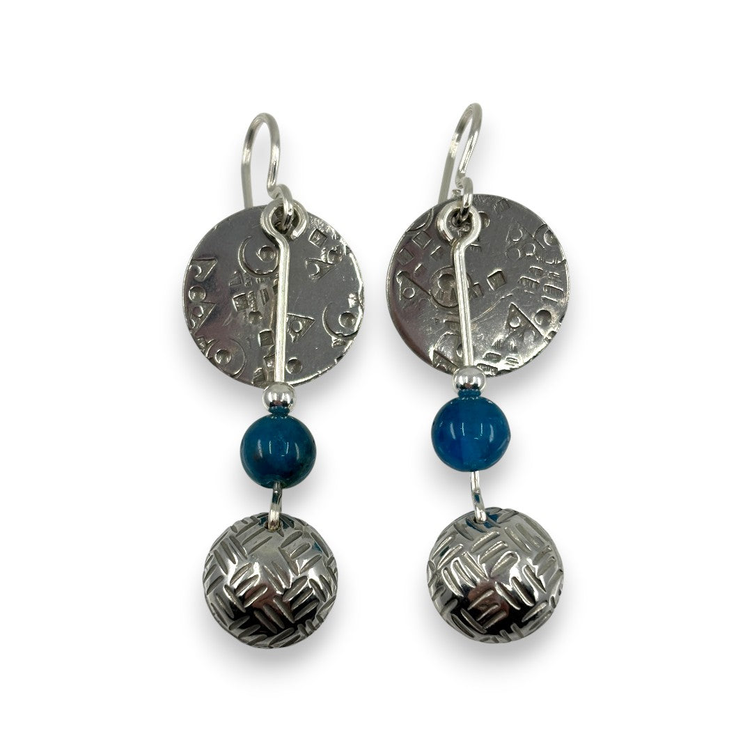 Pewter Coin with Pewter Dome and Semi - Precious Stones - Drop Earrings