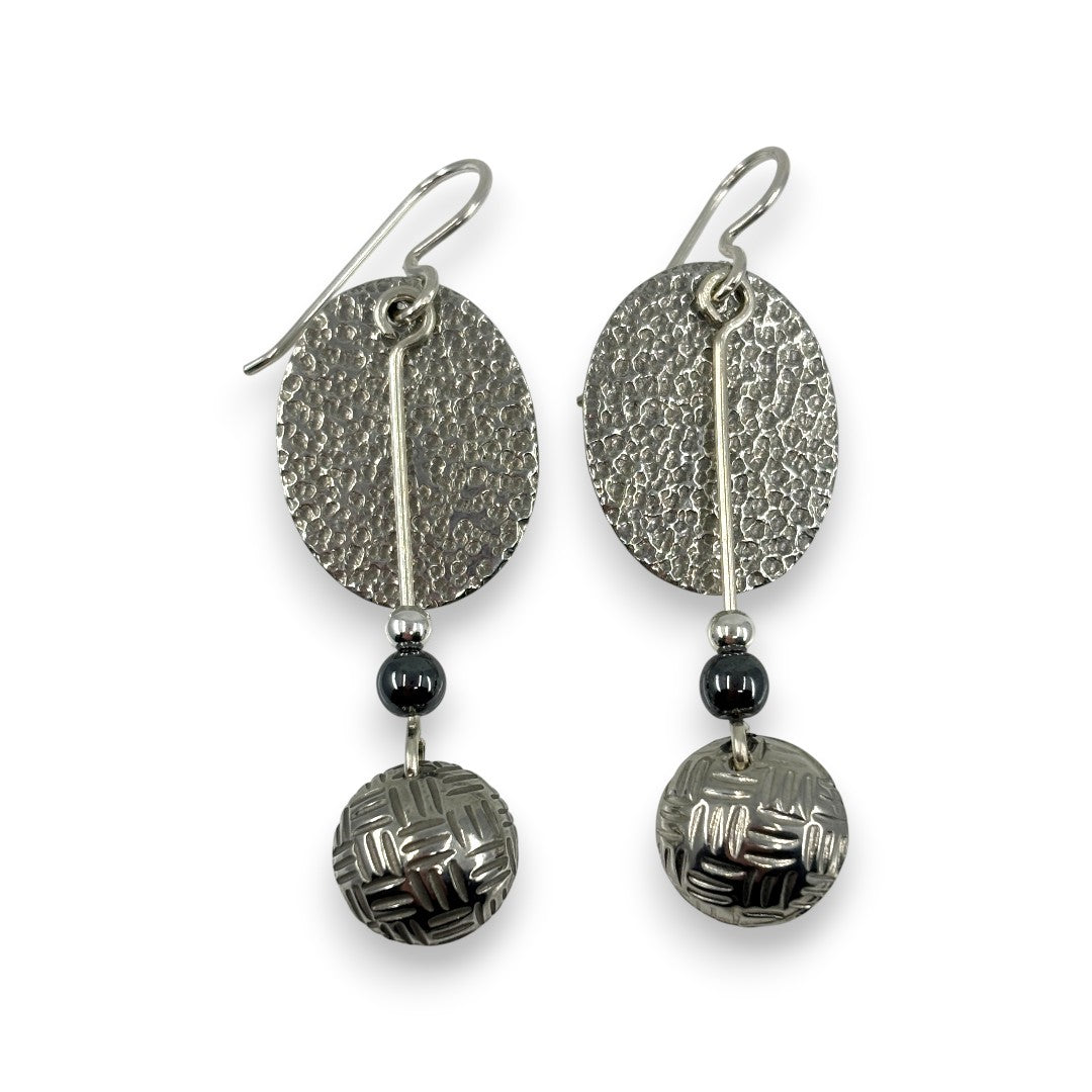Pewter Textured Oval with Pewter Drop - Drop Earrings