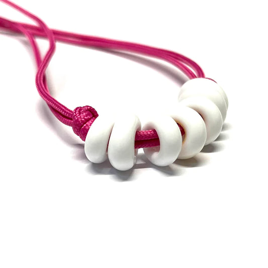 Adjustable Necklace - White Glass Beads On Fuchsia Paracord