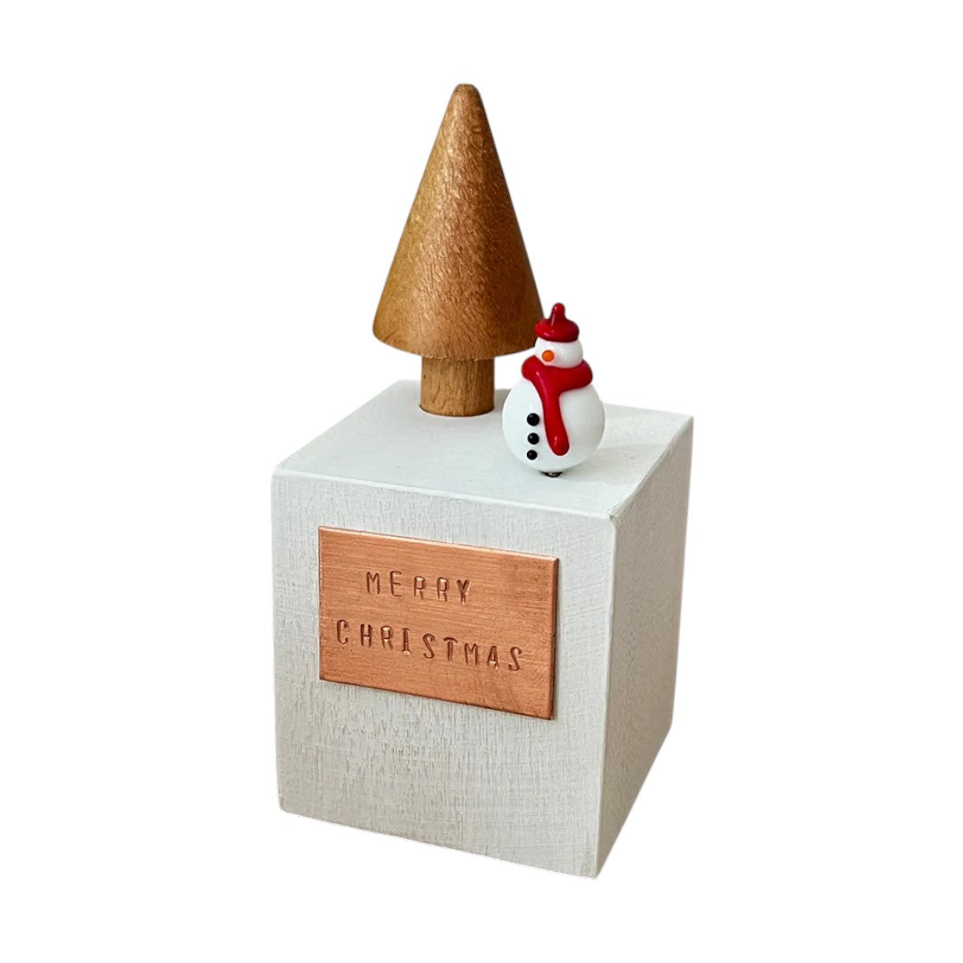 Snowman Block - Tree with Glass Snowman with Red Scarf and Hat