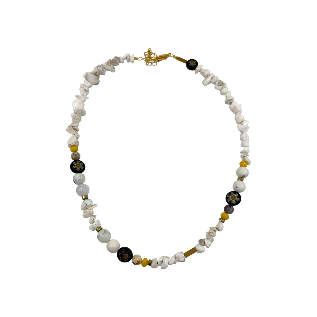 Necklace - White Chips & Black Flower Beads