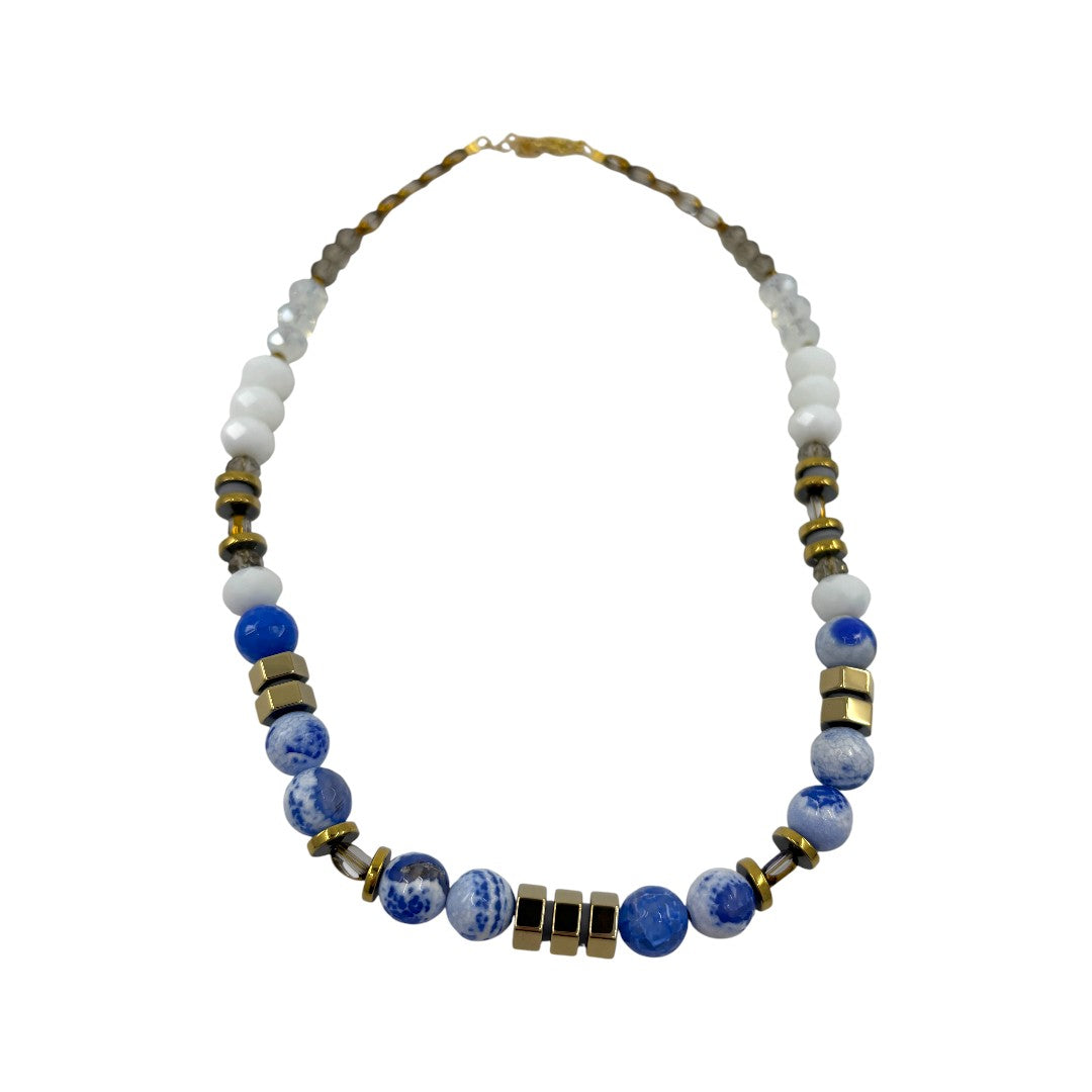 Necklace - Blue, White & Gold Beads