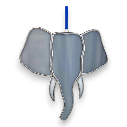 Grey/Blue/White Elephant Head Hanger/Suncatcher - Stained Glass