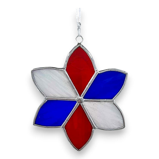 Red/White/Blue 6-Petal Flower Hanger/Suncatcher - Stained Glass