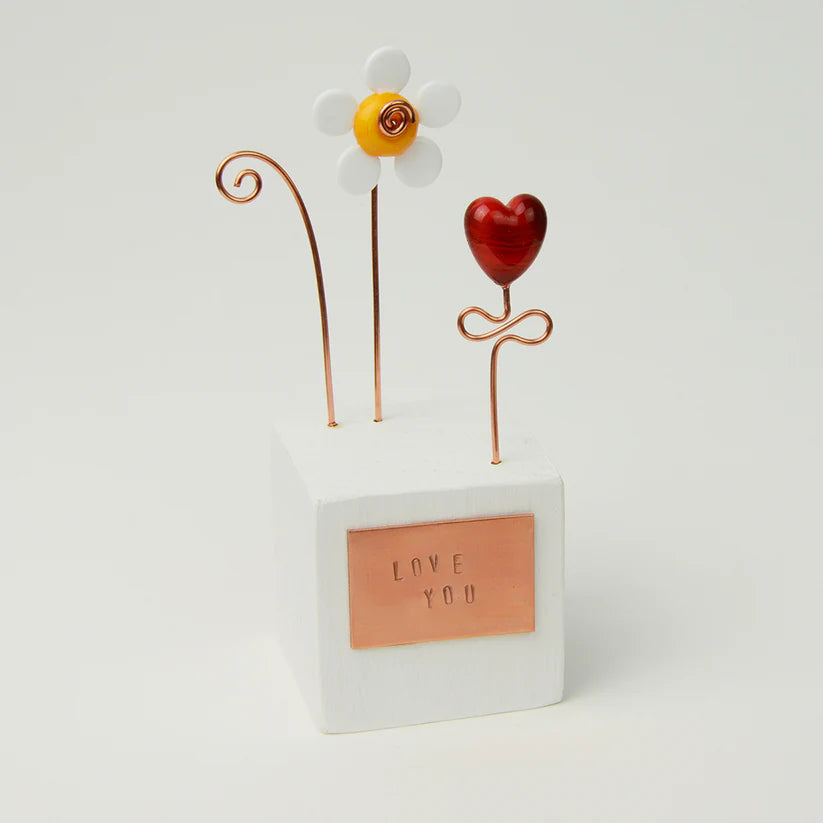 'Love You' Block - Glass Heart & Flower