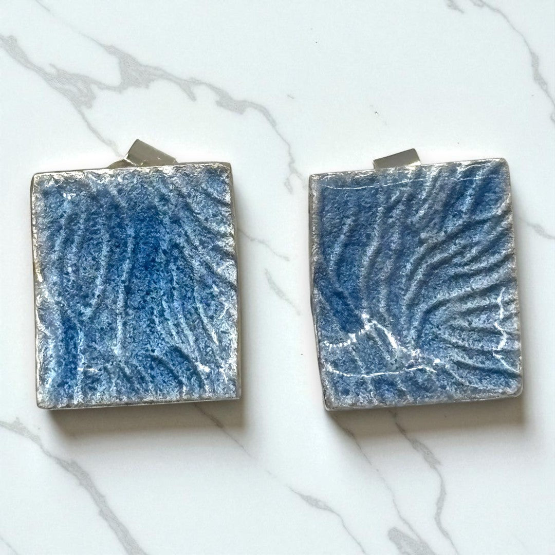 Stud - Blue Enameled Textured Square Earrings